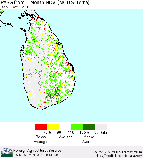 Sri Lanka PASG from 1-Month NDVI (Terra-MODIS) Thematic Map For 10/1/2021 - 10/10/2021