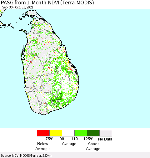 Sri Lanka PASG from 1-Month NDVI (Terra-MODIS) Thematic Map For 10/21/2021 - 10/31/2021