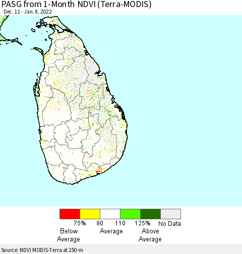 Sri Lanka PASG from 1-Month NDVI (Terra-MODIS) Thematic Map For 1/1/2022 - 1/8/2022