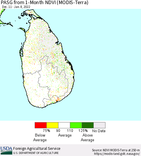 Sri Lanka PASG from 1-Month NDVI (MODIS-Terra) Thematic Map For 1/1/2022 - 1/10/2022