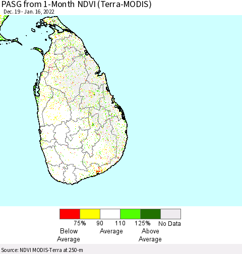 Sri Lanka PASG from 1-Month NDVI (Terra-MODIS) Thematic Map For 1/9/2022 - 1/16/2022