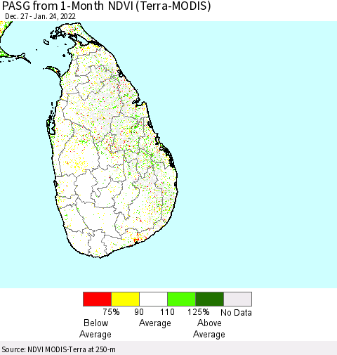 Sri Lanka PASG from 1-Month NDVI (Terra-MODIS) Thematic Map For 1/17/2022 - 1/24/2022