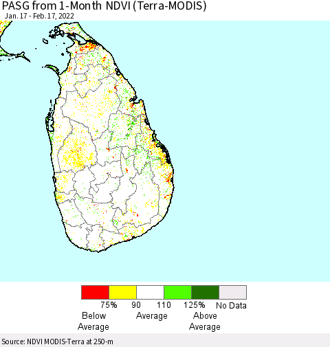 Sri Lanka PASG from 1-Month NDVI (Terra-MODIS) Thematic Map For 2/10/2022 - 2/17/2022