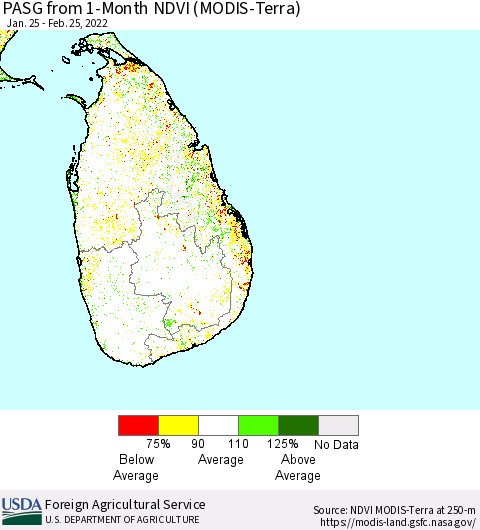 Sri Lanka PASG from 1-Month NDVI (Terra-MODIS) Thematic Map For 2/21/2022 - 2/28/2022