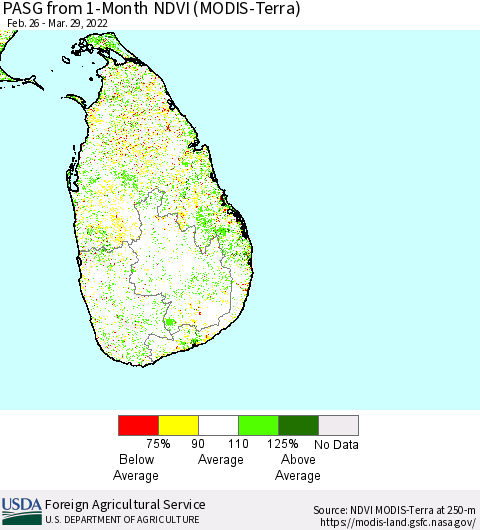 Sri Lanka PASG from 1-Month NDVI (Terra-MODIS) Thematic Map For 3/21/2022 - 3/31/2022