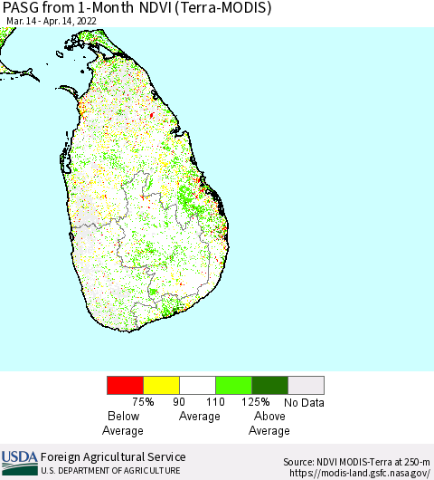Sri Lanka PASG from 1-Month NDVI (Terra-MODIS) Thematic Map For 4/11/2022 - 4/20/2022