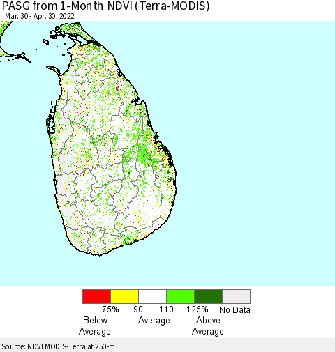 Sri Lanka PASG from 1-Month NDVI (Terra-MODIS) Thematic Map For 4/21/2022 - 4/30/2022