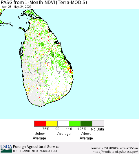 Sri Lanka PASG from 1-Month NDVI (Terra-MODIS) Thematic Map For 5/21/2022 - 5/31/2022