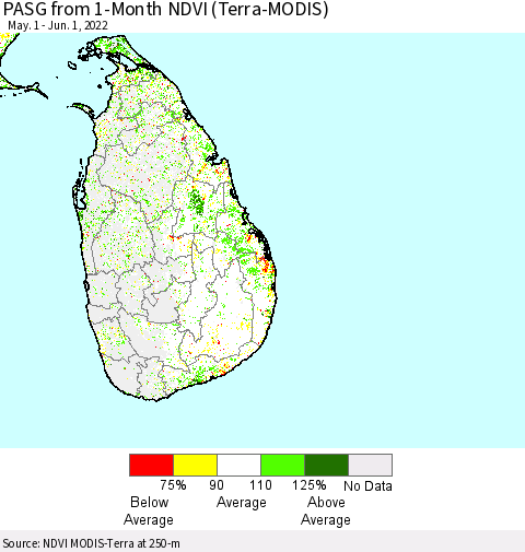 Sri Lanka PASG from 1-Month NDVI (Terra-MODIS) Thematic Map For 5/25/2022 - 6/1/2022