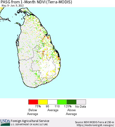 Sri Lanka PASG from 1-Month NDVI (Terra-MODIS) Thematic Map For 6/1/2022 - 6/10/2022