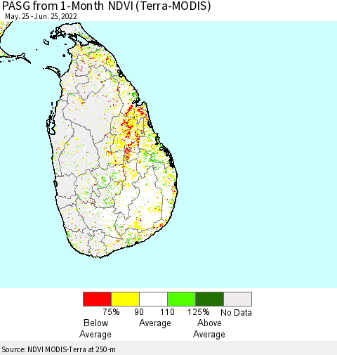 Sri Lanka PASG from 1-Month NDVI (Terra-MODIS) Thematic Map For 6/18/2022 - 6/25/2022