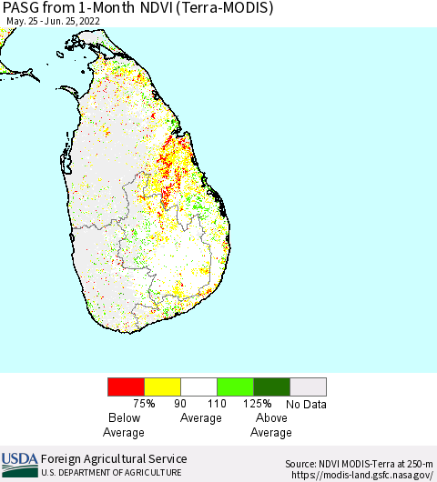 Sri Lanka PASG from 1-Month NDVI (Terra-MODIS) Thematic Map For 6/21/2022 - 6/30/2022