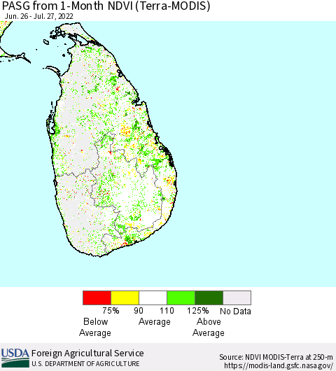 Sri Lanka PASG from 1-Month NDVI (Terra-MODIS) Thematic Map For 7/21/2022 - 7/31/2022