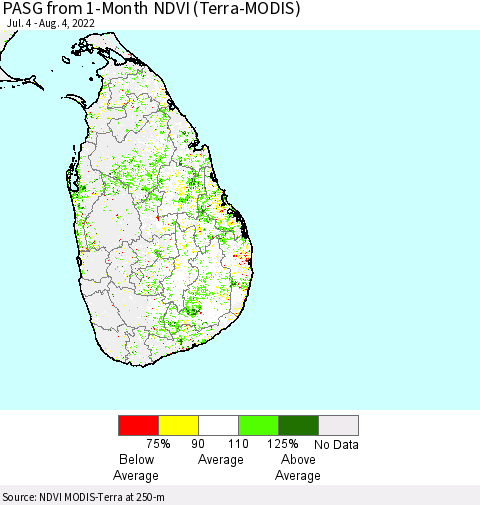 Sri Lanka PASG from 1-Month NDVI (Terra-MODIS) Thematic Map For 7/28/2022 - 8/4/2022