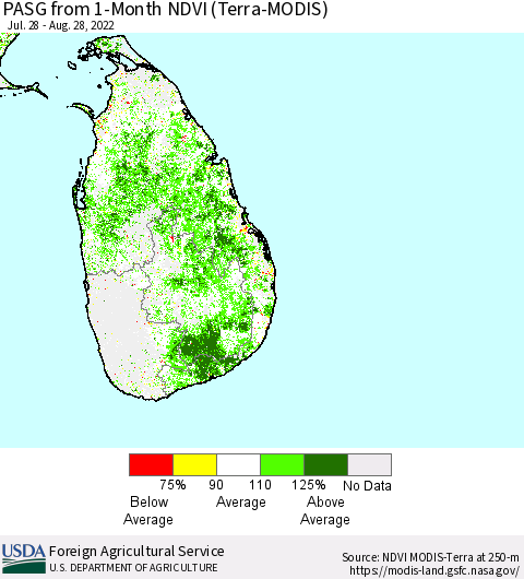 Sri Lanka PASG from 1-Month NDVI (Terra-MODIS) Thematic Map For 8/21/2022 - 8/31/2022