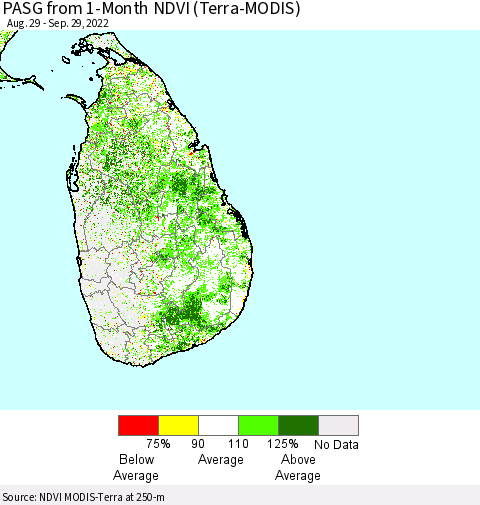 Sri Lanka PASG from 1-Month NDVI (Terra-MODIS) Thematic Map For 9/22/2022 - 9/29/2022