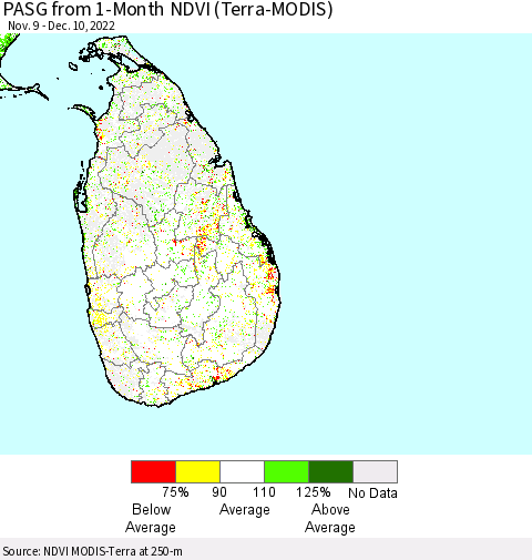 Sri Lanka PASG from 1-Month NDVI (Terra-MODIS) Thematic Map For 12/1/2022 - 12/10/2022