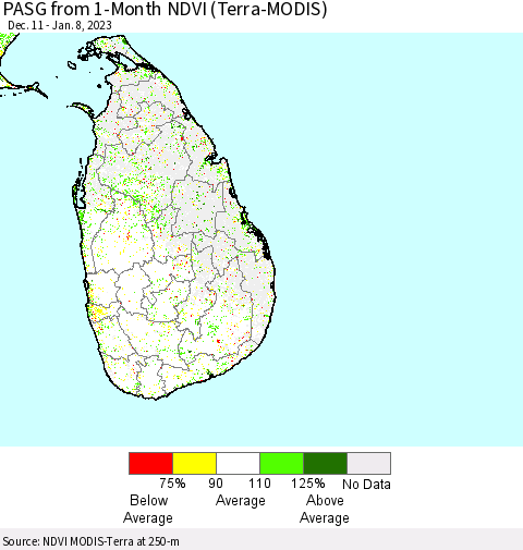 Sri Lanka PASG from 1-Month NDVI (Terra-MODIS) Thematic Map For 1/1/2023 - 1/8/2023