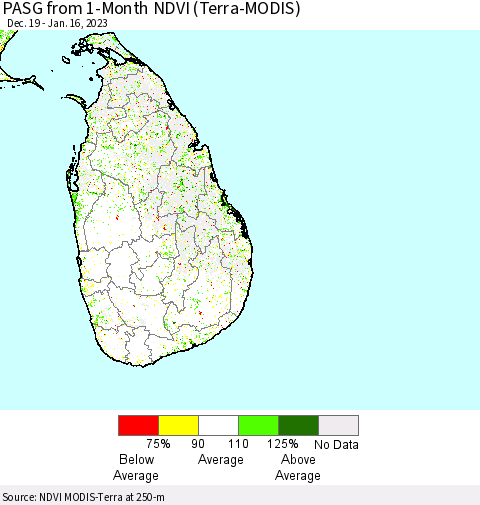Sri Lanka PASG from 1-Month NDVI (Terra-MODIS) Thematic Map For 1/9/2023 - 1/16/2023