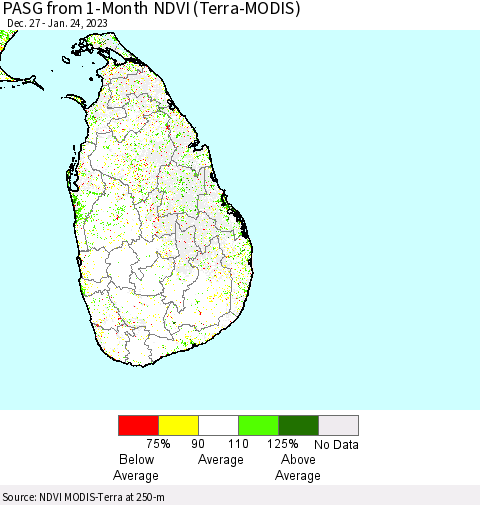 Sri Lanka PASG from 1-Month NDVI (Terra-MODIS) Thematic Map For 1/17/2023 - 1/24/2023