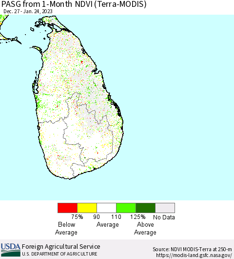 Sri Lanka PASG from 1-Month NDVI (Terra-MODIS) Thematic Map For 1/21/2023 - 1/31/2023