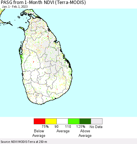 Sri Lanka PASG from 1-Month NDVI (Terra-MODIS) Thematic Map For 1/25/2023 - 2/1/2023