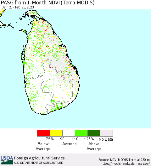 Sri Lanka PASG from 1-Month NDVI (Terra-MODIS) Thematic Map For 2/21/2023 - 2/28/2023