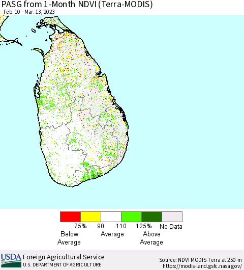 Sri Lanka PASG from 1-Month NDVI (Terra-MODIS) Thematic Map For 3/11/2023 - 3/20/2023