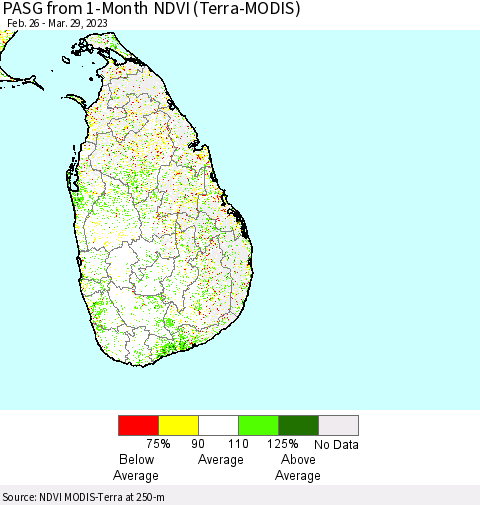 Sri Lanka PASG from 1-Month NDVI (Terra-MODIS) Thematic Map For 3/22/2023 - 3/29/2023
