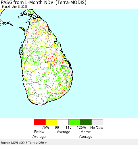 Sri Lanka PASG from 1-Month NDVI (Terra-MODIS) Thematic Map For 3/30/2023 - 4/6/2023