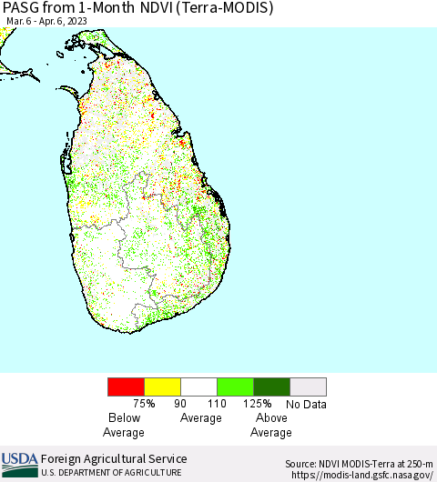 Sri Lanka PASG from 1-Month NDVI (Terra-MODIS) Thematic Map For 4/1/2023 - 4/10/2023