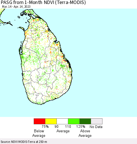 Sri Lanka PASG from 1-Month NDVI (Terra-MODIS) Thematic Map For 4/7/2023 - 4/14/2023