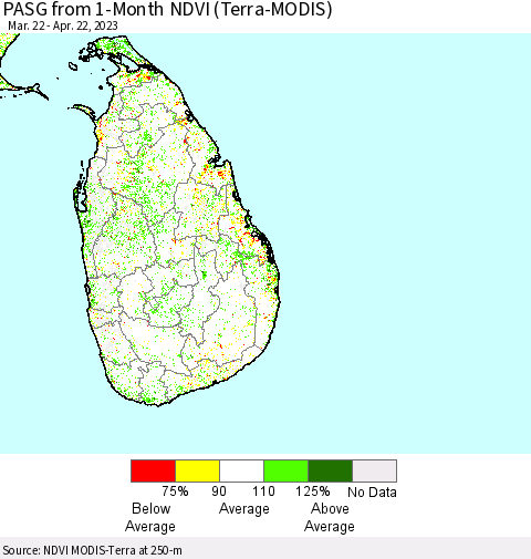 Sri Lanka PASG from 1-Month NDVI (Terra-MODIS) Thematic Map For 4/15/2023 - 4/22/2023