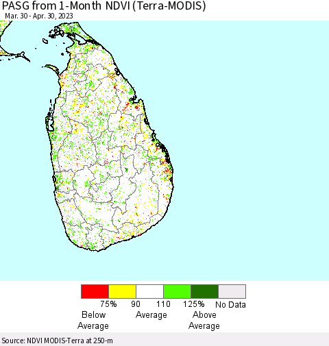 Sri Lanka PASG from 1-Month NDVI (Terra-MODIS) Thematic Map For 4/23/2023 - 4/30/2023
