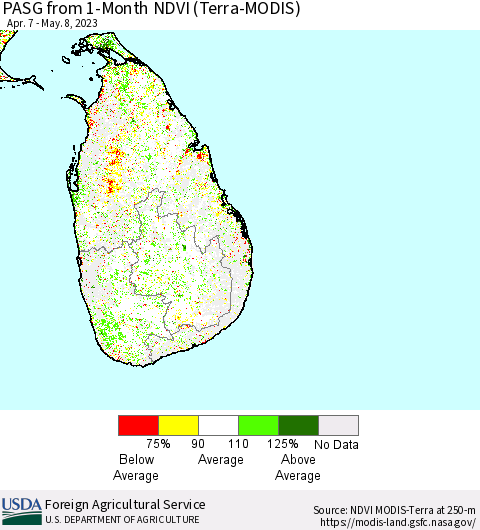 Sri Lanka PASG from 1-Month NDVI (Terra-MODIS) Thematic Map For 5/1/2023 - 5/10/2023