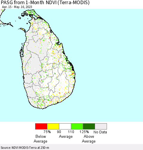 Sri Lanka PASG from 1-Month NDVI (Terra-MODIS) Thematic Map For 5/9/2023 - 5/16/2023