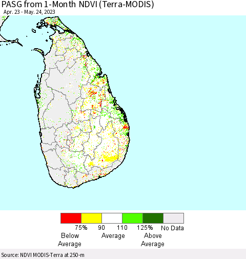 Sri Lanka PASG from 1-Month NDVI (Terra-MODIS) Thematic Map For 5/17/2023 - 5/24/2023