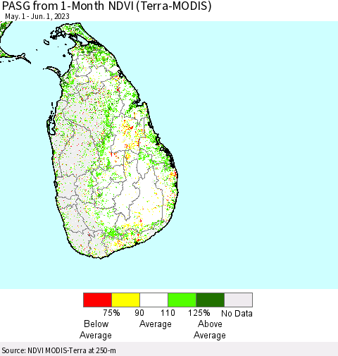 Sri Lanka PASG from 1-Month NDVI (Terra-MODIS) Thematic Map For 5/25/2023 - 6/1/2023