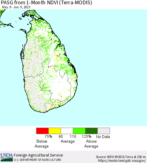 Sri Lanka PASG from 1-Month NDVI (Terra-MODIS) Thematic Map For 6/1/2023 - 6/10/2023