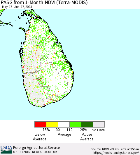 Sri Lanka PASG from 1-Month NDVI (Terra-MODIS) Thematic Map For 6/11/2023 - 6/20/2023