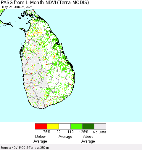 Sri Lanka PASG from 1-Month NDVI (Terra-MODIS) Thematic Map For 6/18/2023 - 6/25/2023