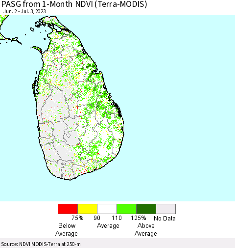 Sri Lanka PASG from 1-Month NDVI (Terra-MODIS) Thematic Map For 6/26/2023 - 7/3/2023