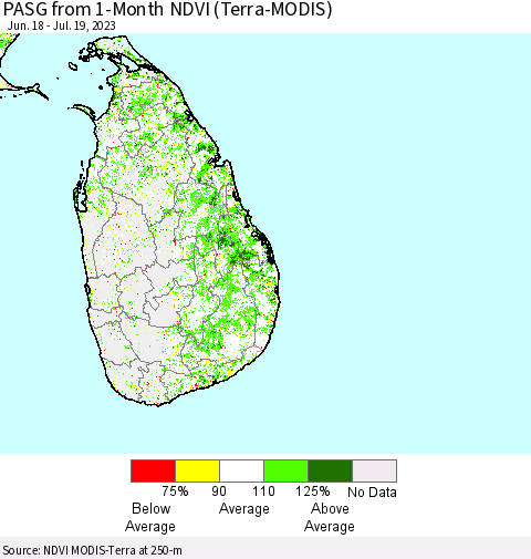 Sri Lanka PASG from 1-Month NDVI (Terra-MODIS) Thematic Map For 7/12/2023 - 7/19/2023
