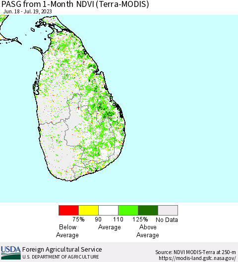 Sri Lanka PASG from 1-Month NDVI (Terra-MODIS) Thematic Map For 7/11/2023 - 7/20/2023