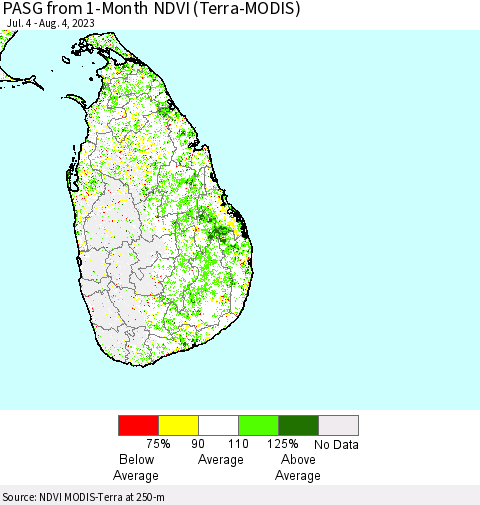 Sri Lanka PASG from 1-Month NDVI (Terra-MODIS) Thematic Map For 7/28/2023 - 8/4/2023