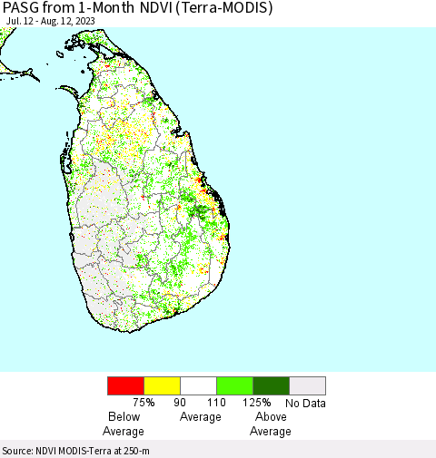Sri Lanka PASG from 1-Month NDVI (Terra-MODIS) Thematic Map For 8/5/2023 - 8/12/2023