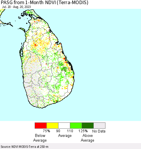Sri Lanka PASG from 1-Month NDVI (Terra-MODIS) Thematic Map For 8/11/2023 - 8/20/2023