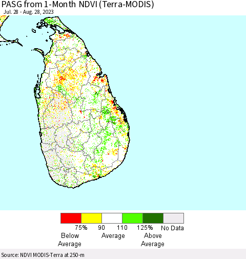 Sri Lanka PASG from 1-Month NDVI (Terra-MODIS) Thematic Map For 8/21/2023 - 8/28/2023