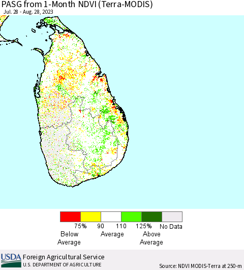 Sri Lanka PASG from 1-Month NDVI (Terra-MODIS) Thematic Map For 8/21/2023 - 8/31/2023
