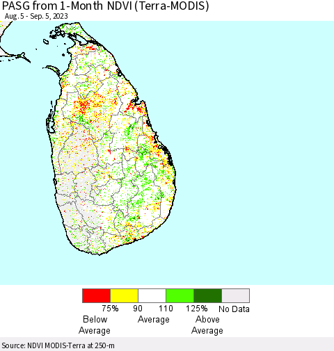 Sri Lanka PASG from 1-Month NDVI (Terra-MODIS) Thematic Map For 8/29/2023 - 9/5/2023